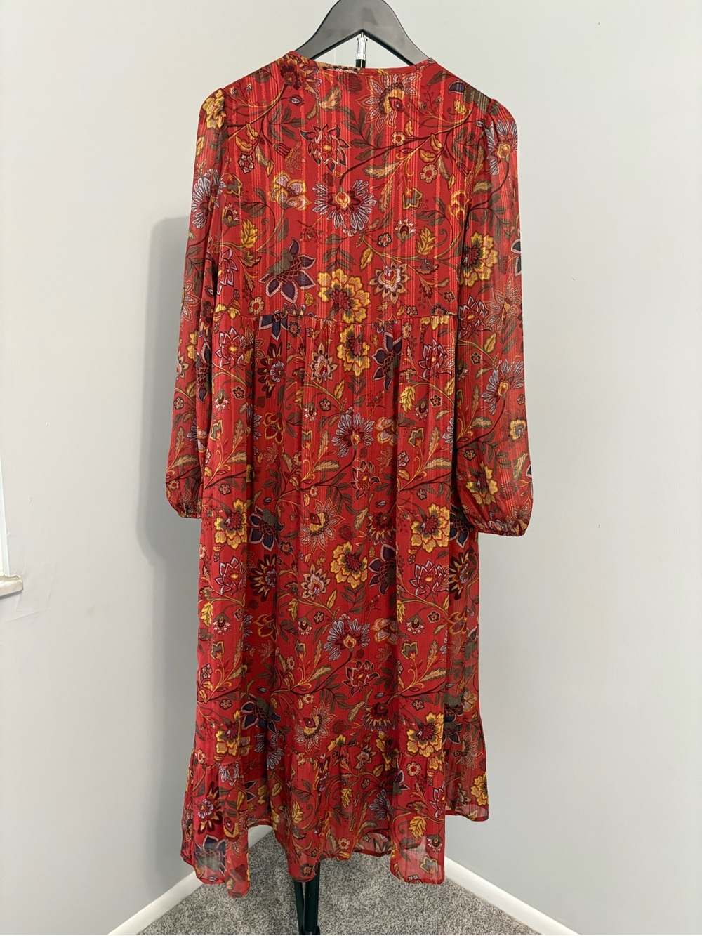 Frye & Co Boho Rust Floral Metallic Pintuck Midi Dress Cottagecore Peasant Sz XS - Picture 4 of 9